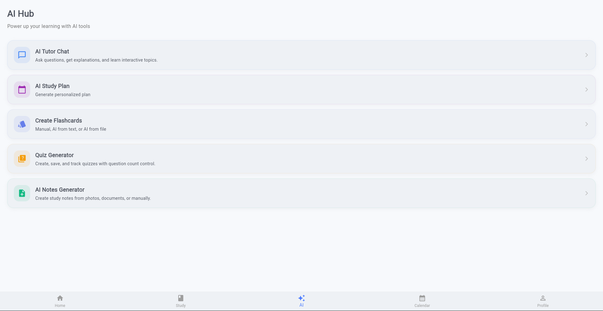 StudyBuddy AI Hub — flashcards, quizzes, notes, and study plans in one place